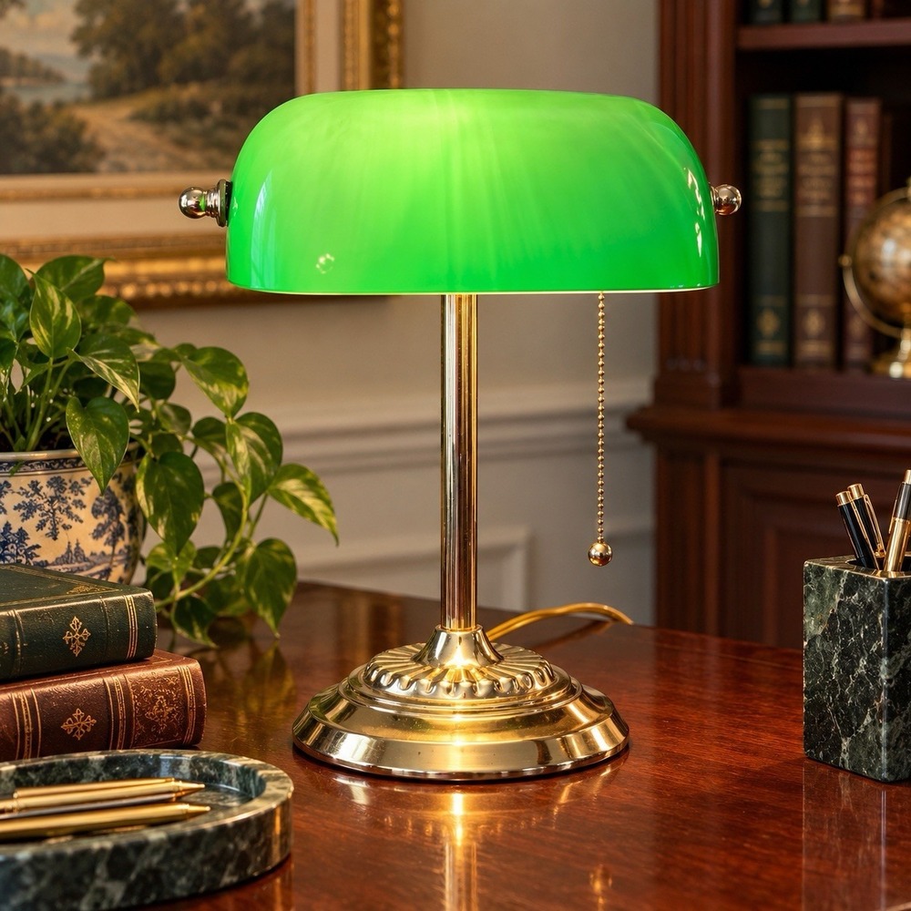 Green Glass Bankers Desk Lamp Brass-Tone Metal Pull Chain Library Lamp 14" WORKS
